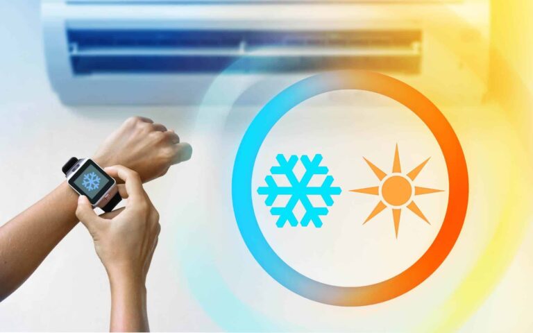 Person checking smartwatch displaying heating and cooling temperature control settings