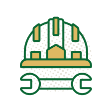 Construction helmet and wrench icon representing reliable service and partnership