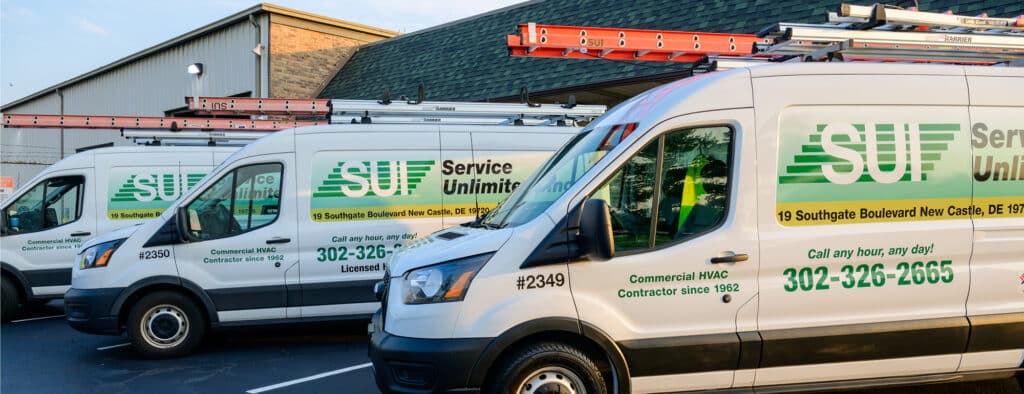 Service Unlimited commercial HVAC service vans parked at Delaware facility