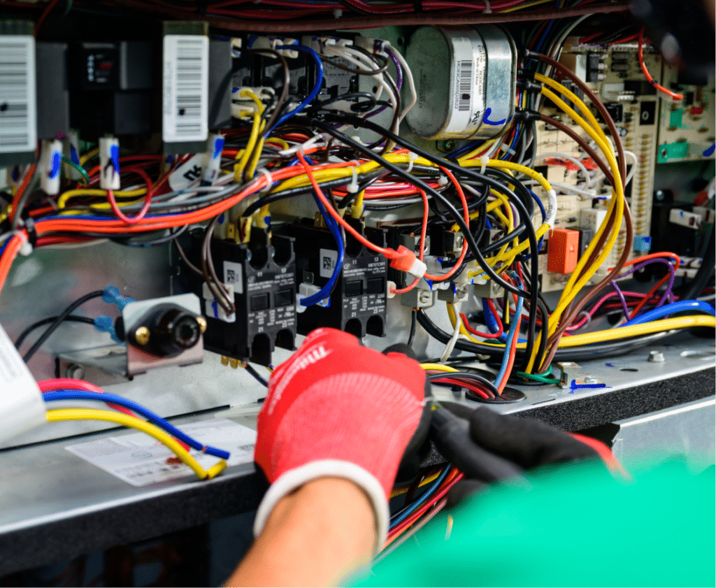 Technician working on HVAC system electrical components and wiring