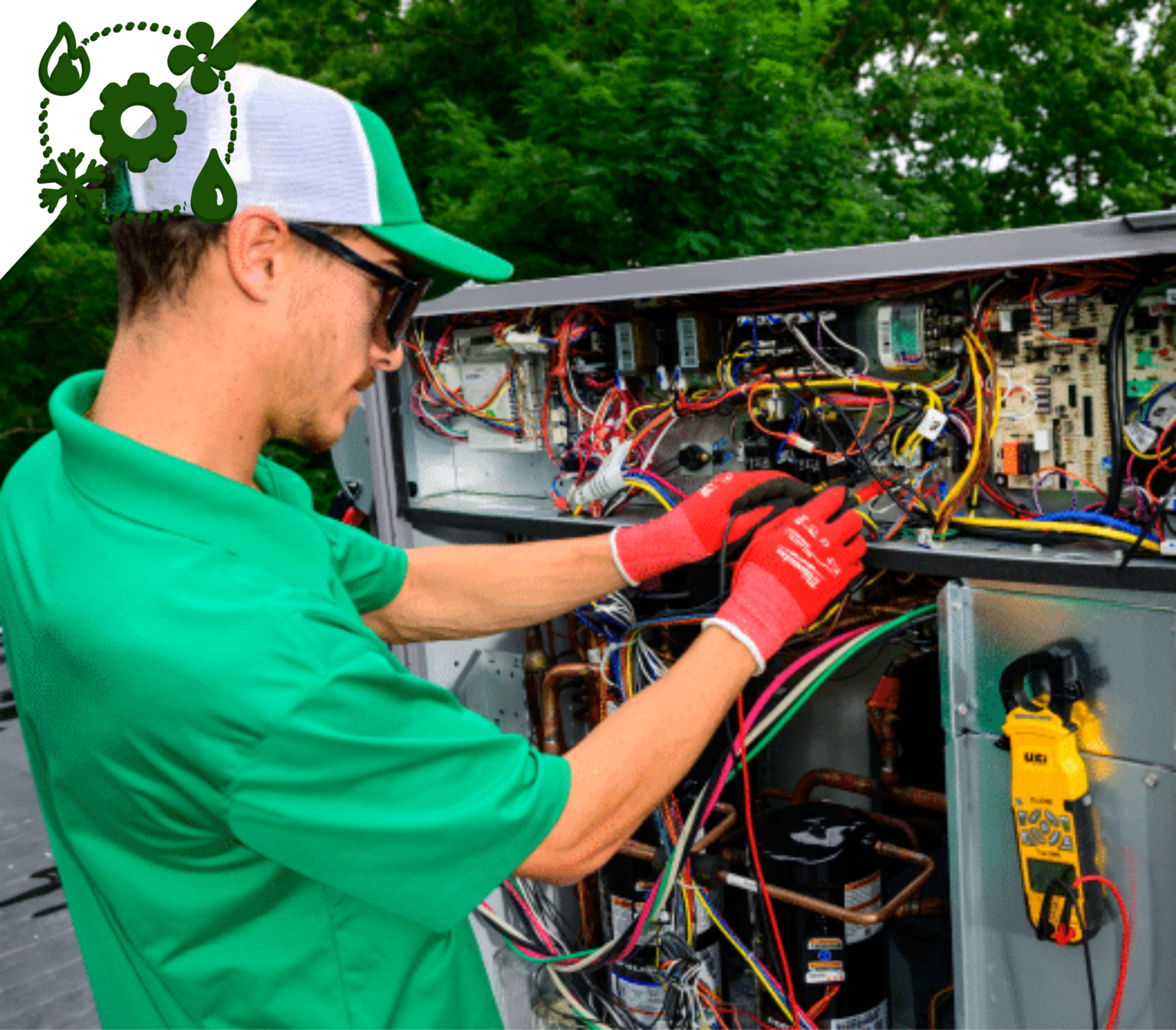 HVAC technician diagnosing equipment during emergency repair service
