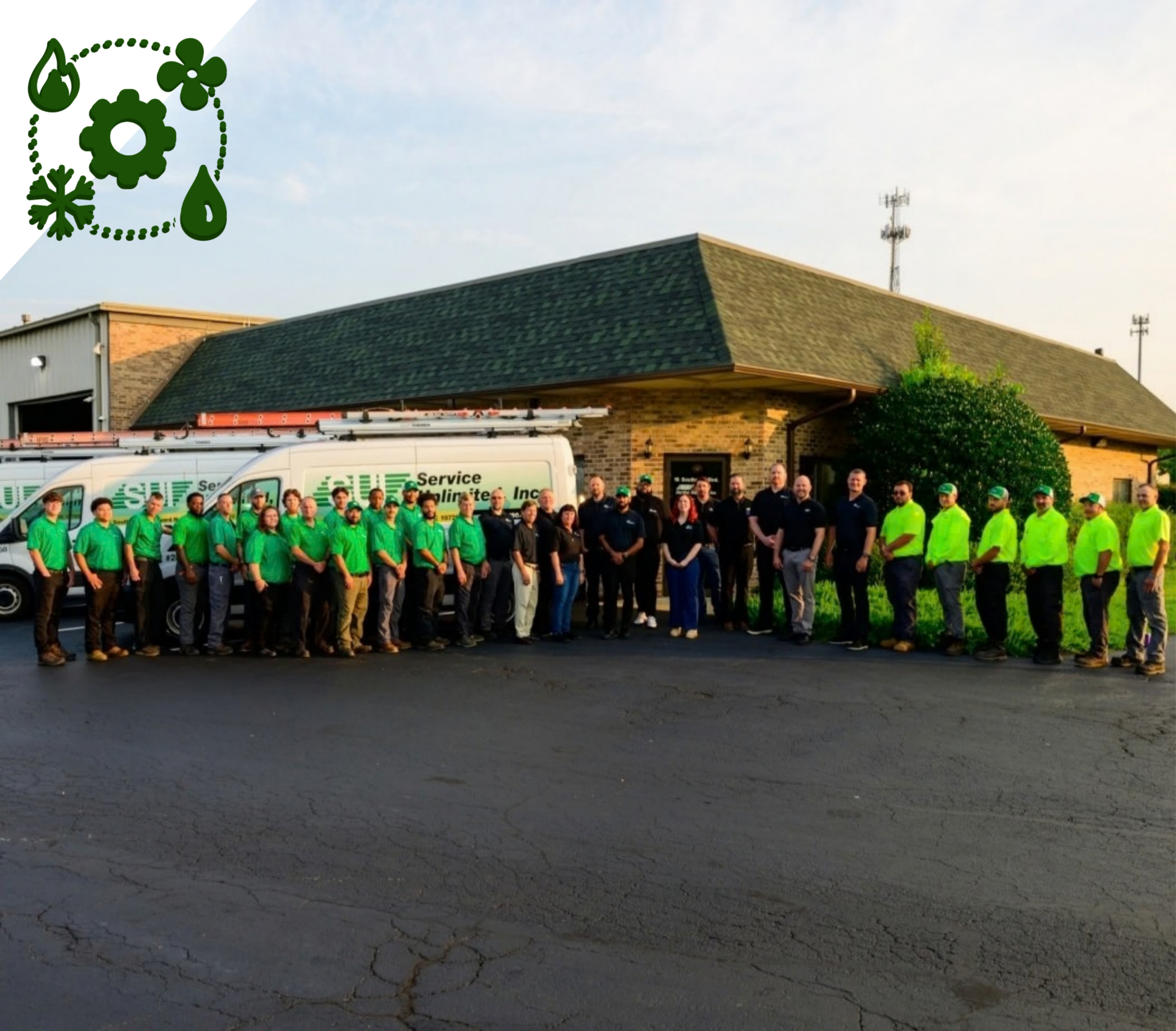 Photo of a group of service unlimited inc employees lined up smiling in front of the company building and a work truck