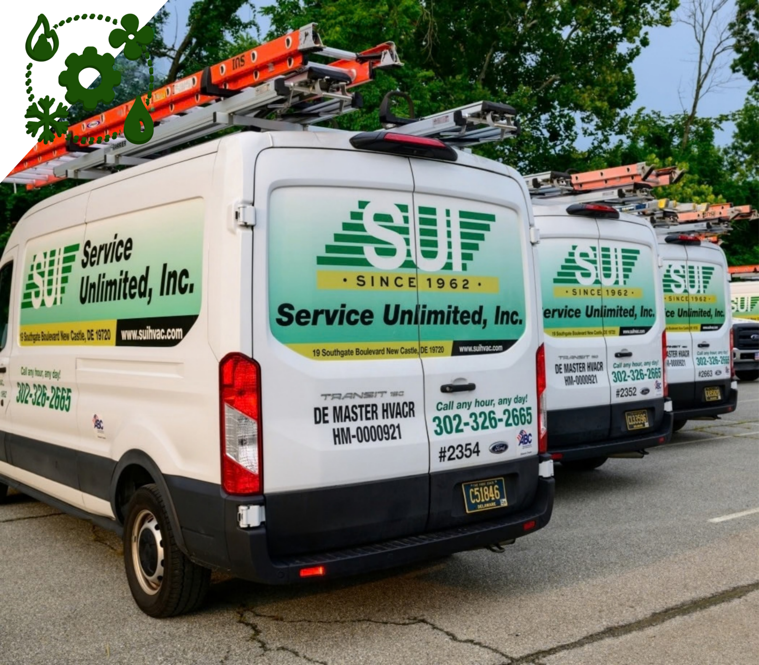 Service Unlimited fleet of white vans with orange equipment racks parked in row