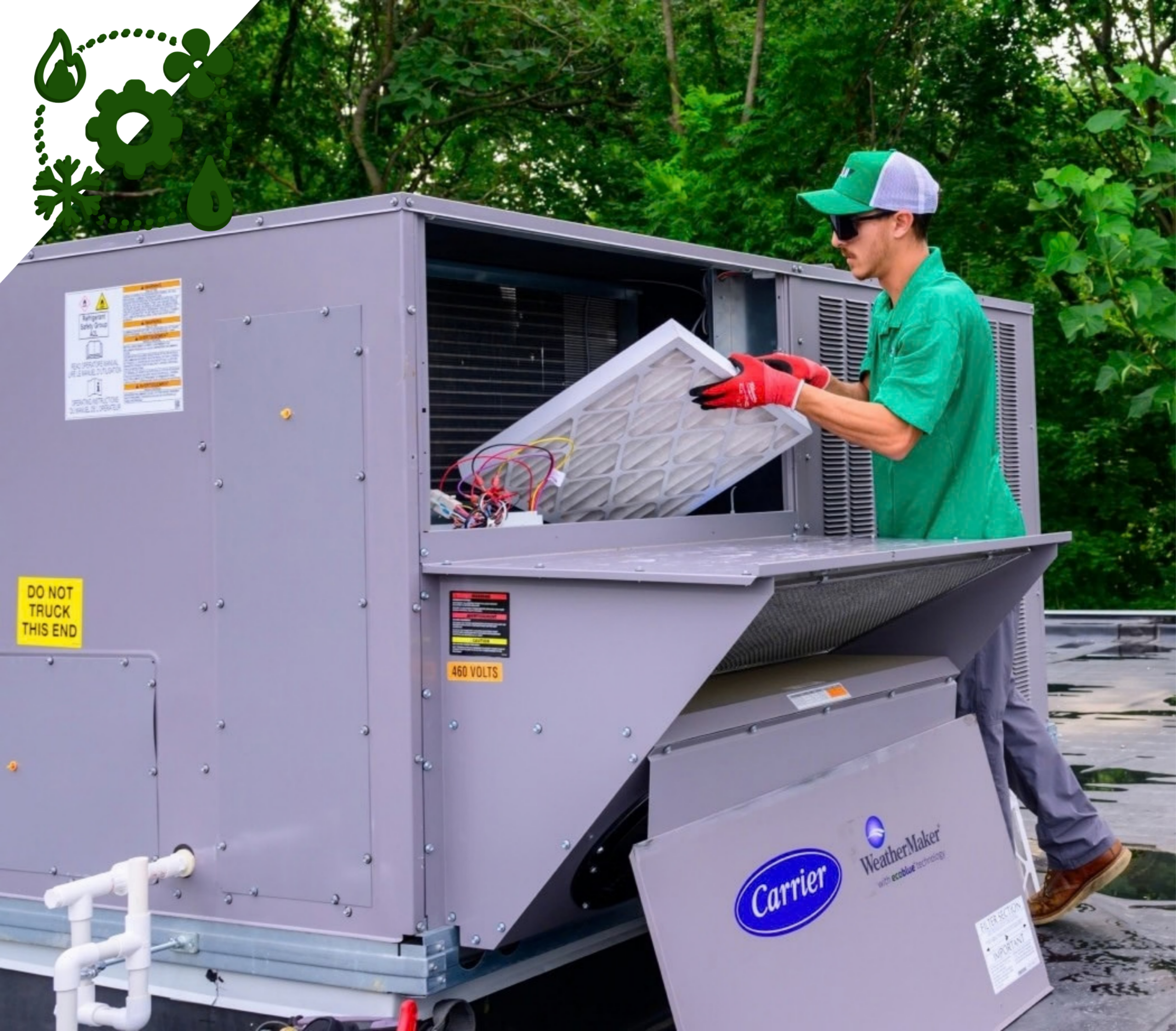 Service Unlimited technician servicing Carrier HVAC unit